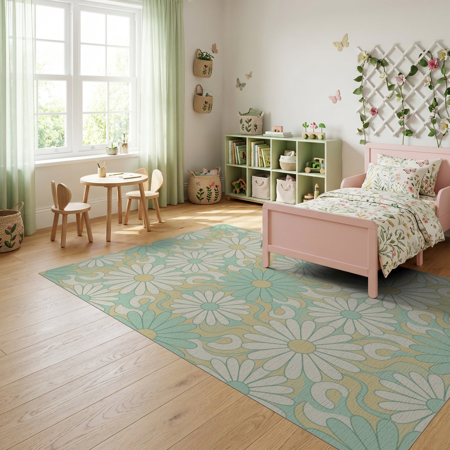 Teal White Daisy Swirl Rug