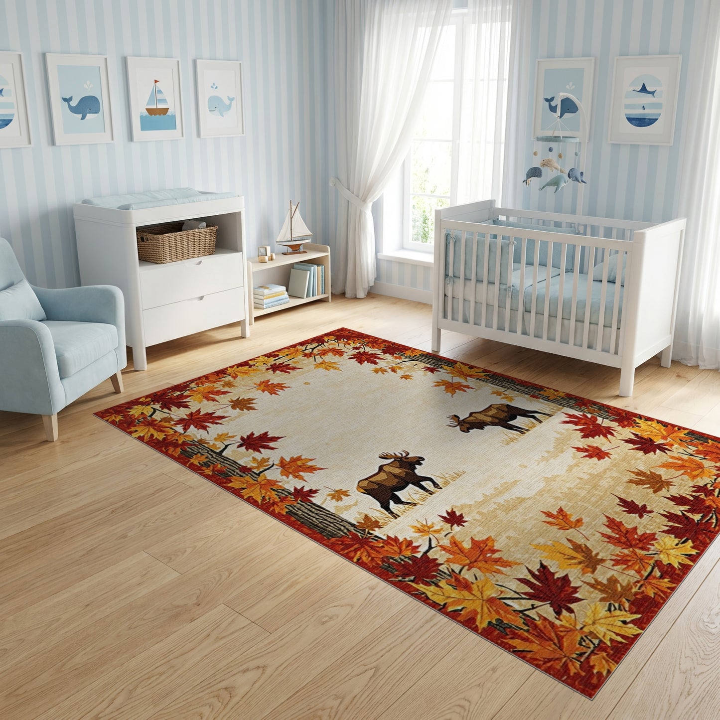 Rustic Woodland Moose Autumn Leaves Rug