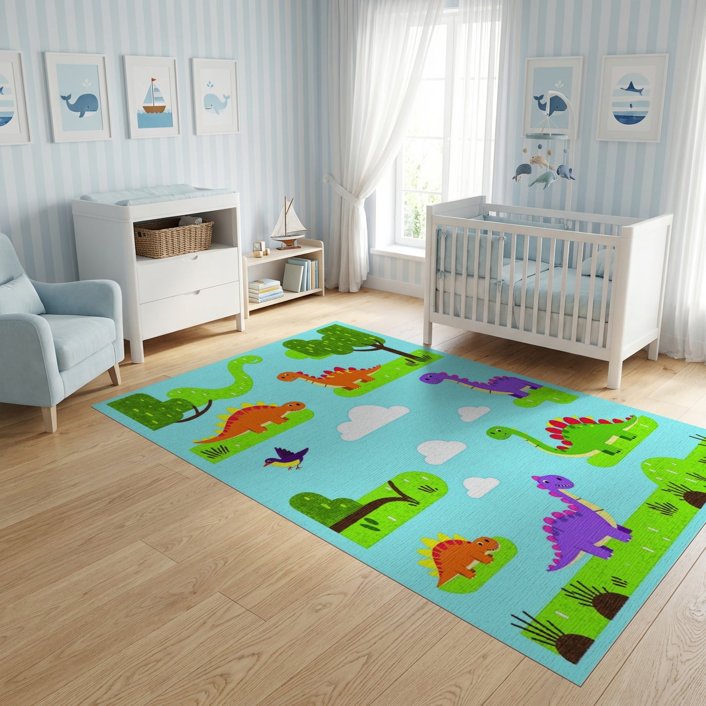 Whimsical Colorful Dinosaurs Trees Clouds Rug