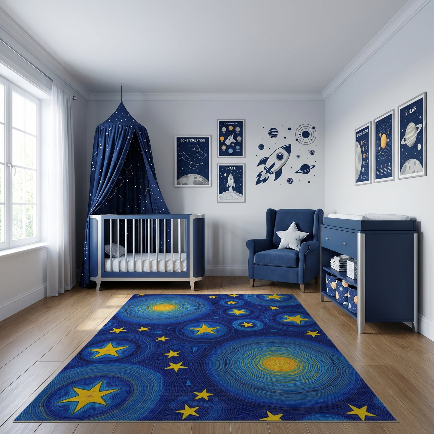 Navy Swirling Stars Yellow Spirals Rug