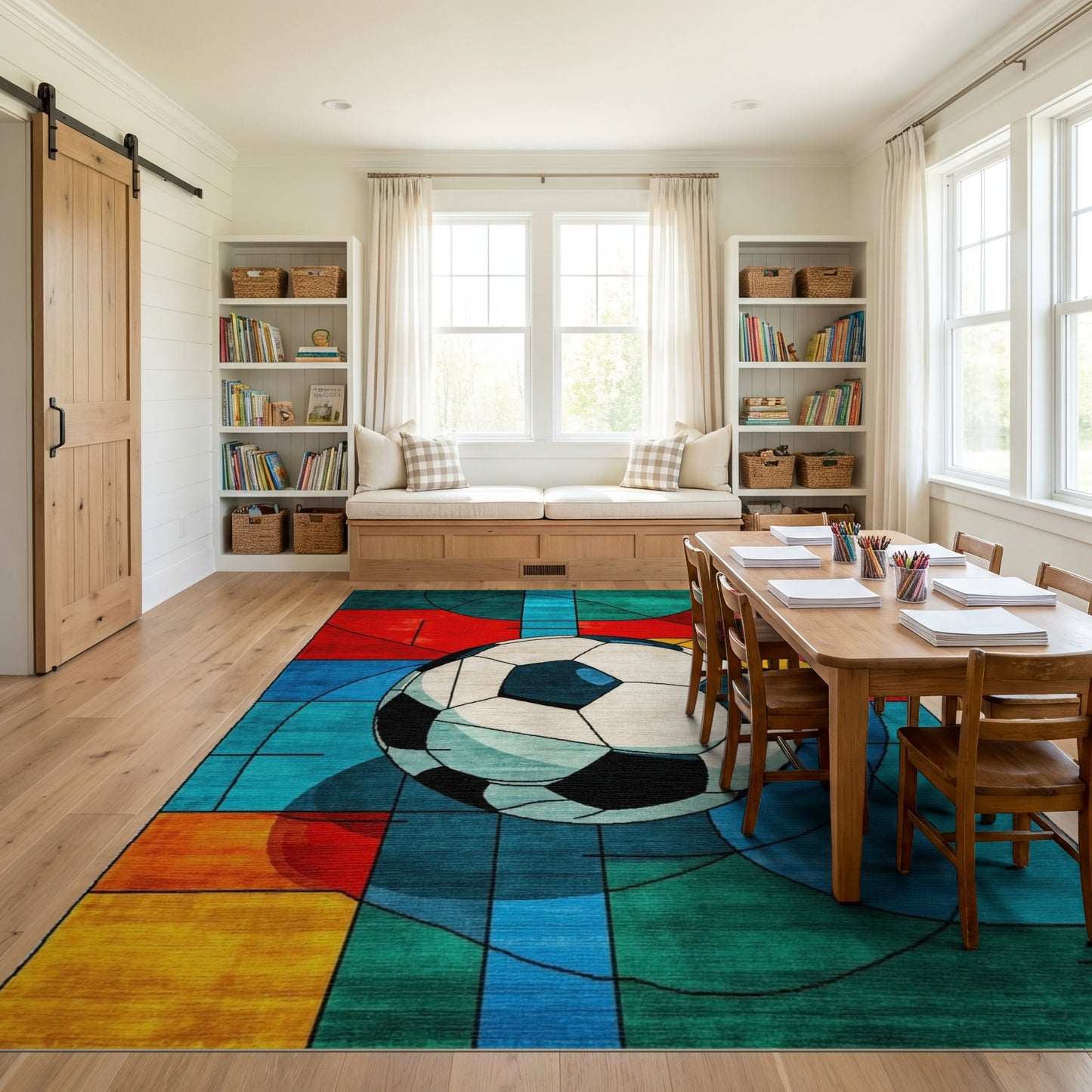 Vibrant Geometric Soccer Ball Rug