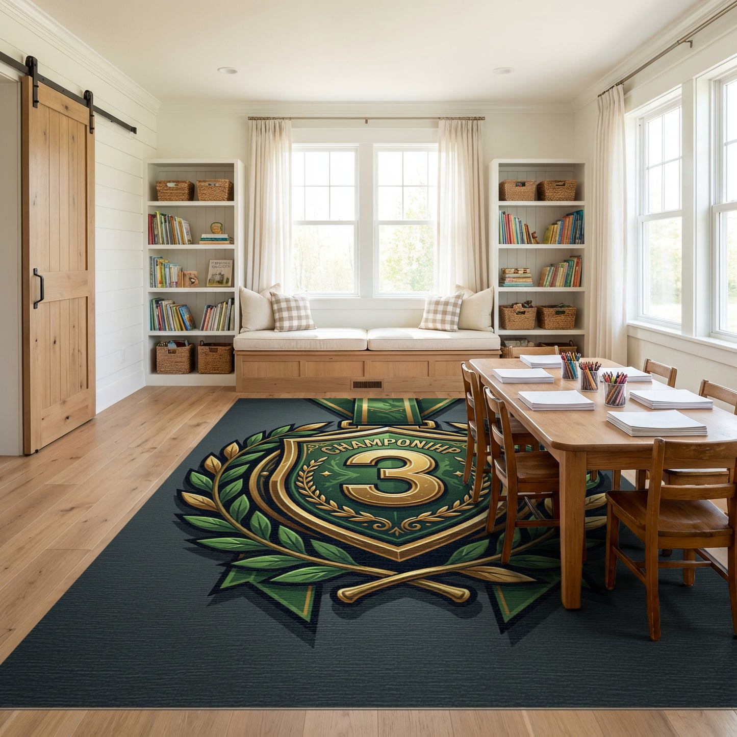 Ornate Green Gold Champion 3 Shield Rug