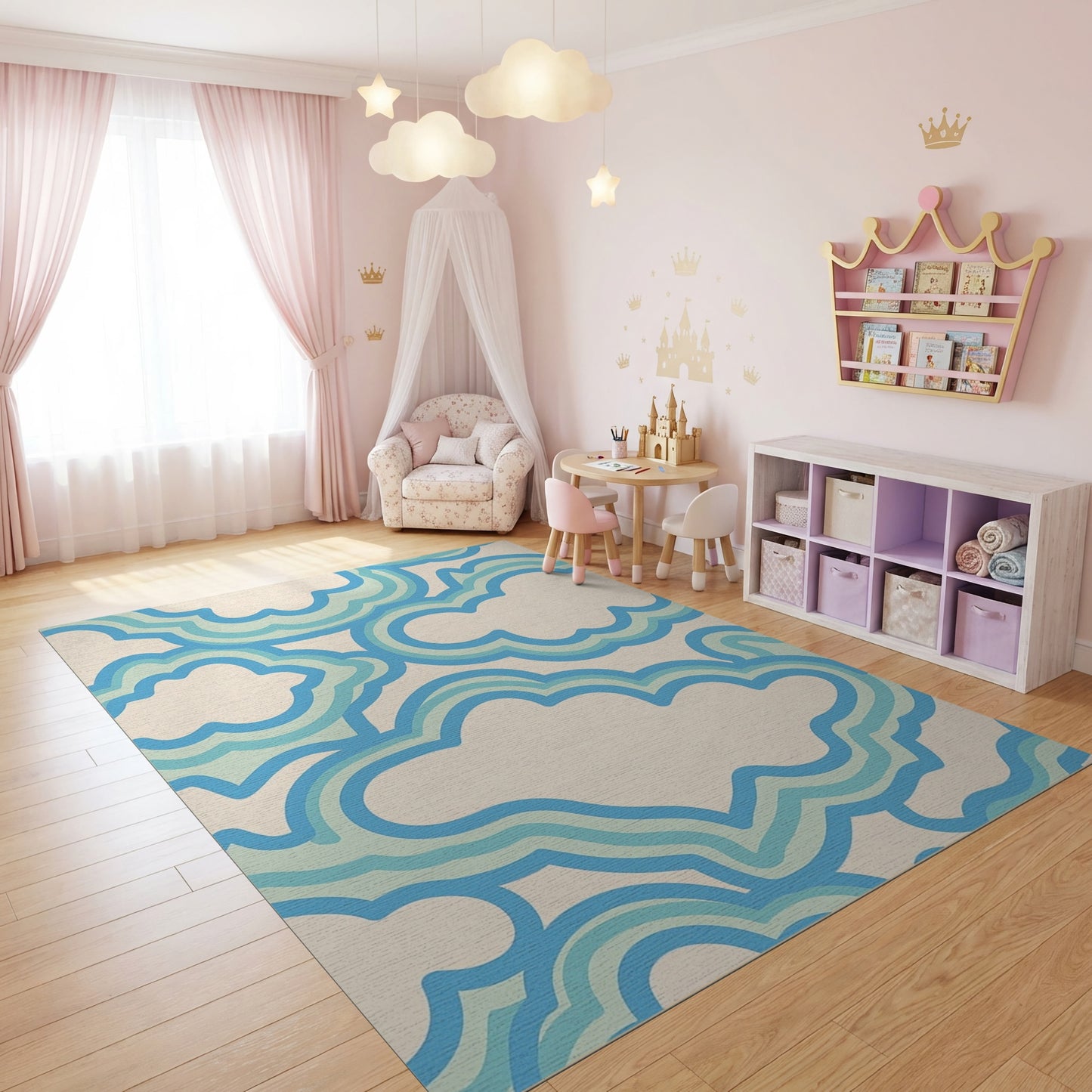 Whimsical Layered Blue Clouds Rug