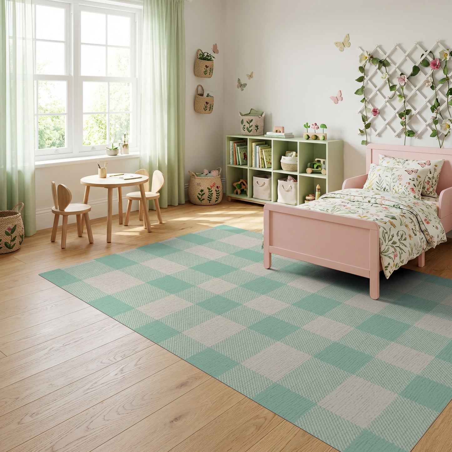 Light Green Cream Gingham Check Rug