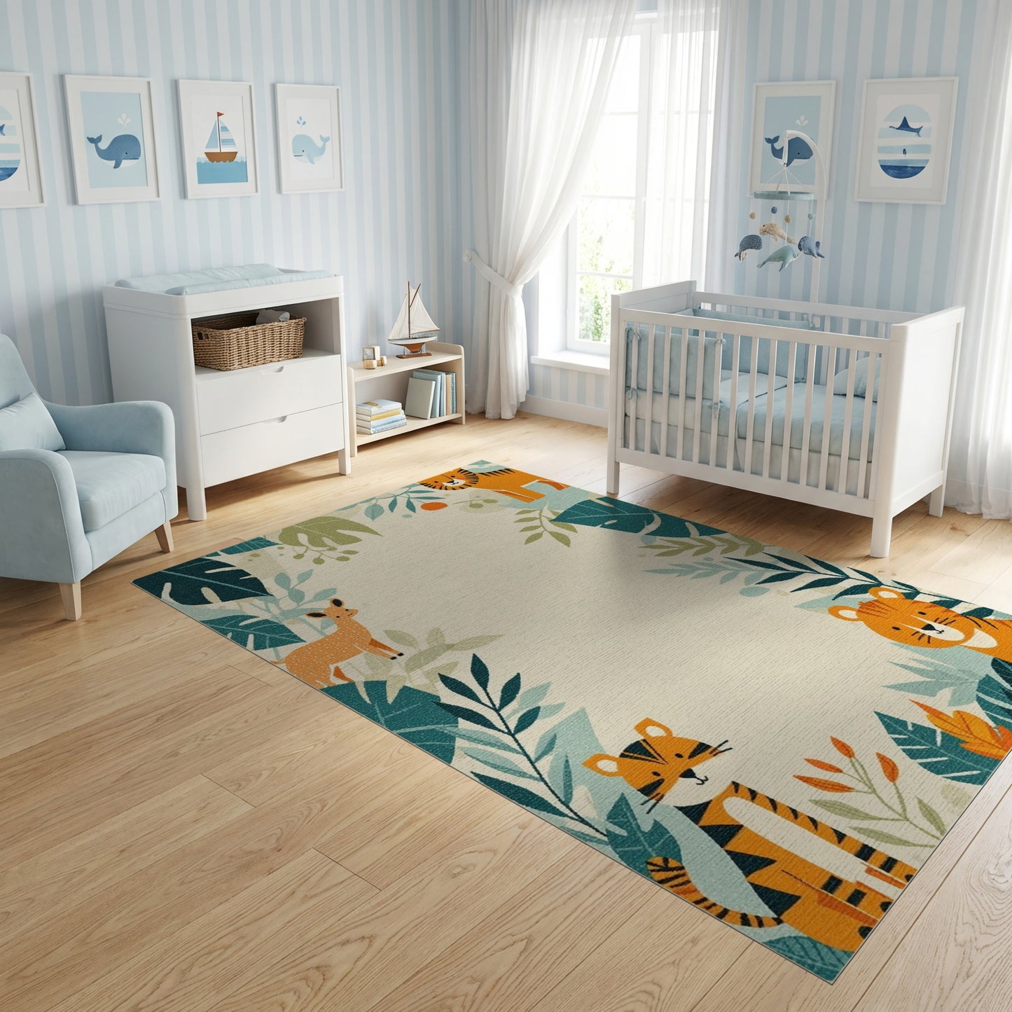 Playful Orange Tigers Deer Leafy Jungle Rug