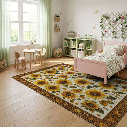 Cream Sunflower Leaves Golden Border Rug