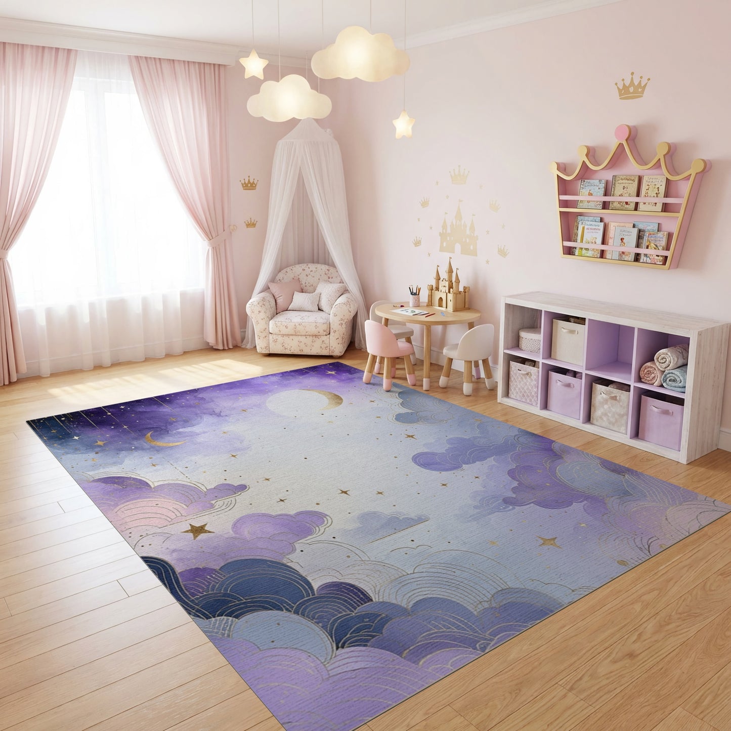 Dreamy Purple Clouds Stars Golden Moons Rug
