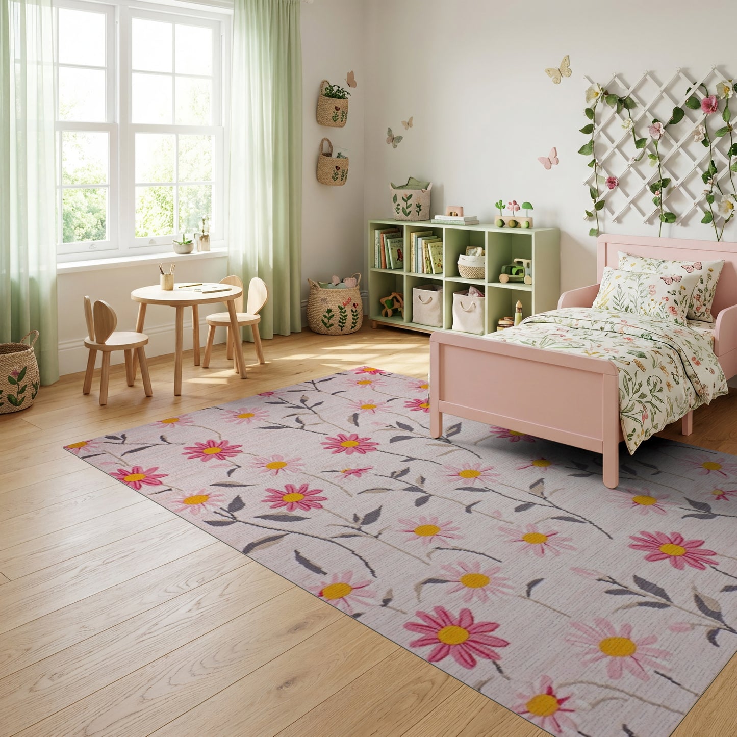 Whimsical Blush Pink Daisy Stem Rug