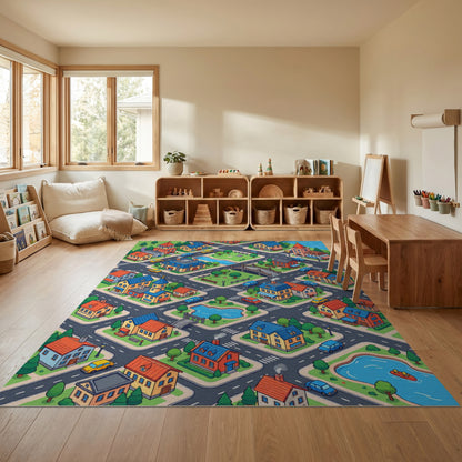 Vibrant Isometric Colorful Townscape Rug