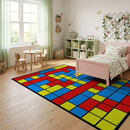 Bold Red Blue Yellow Geometric Rug