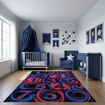 Bold Pink Blue Swirling Numbers Rug