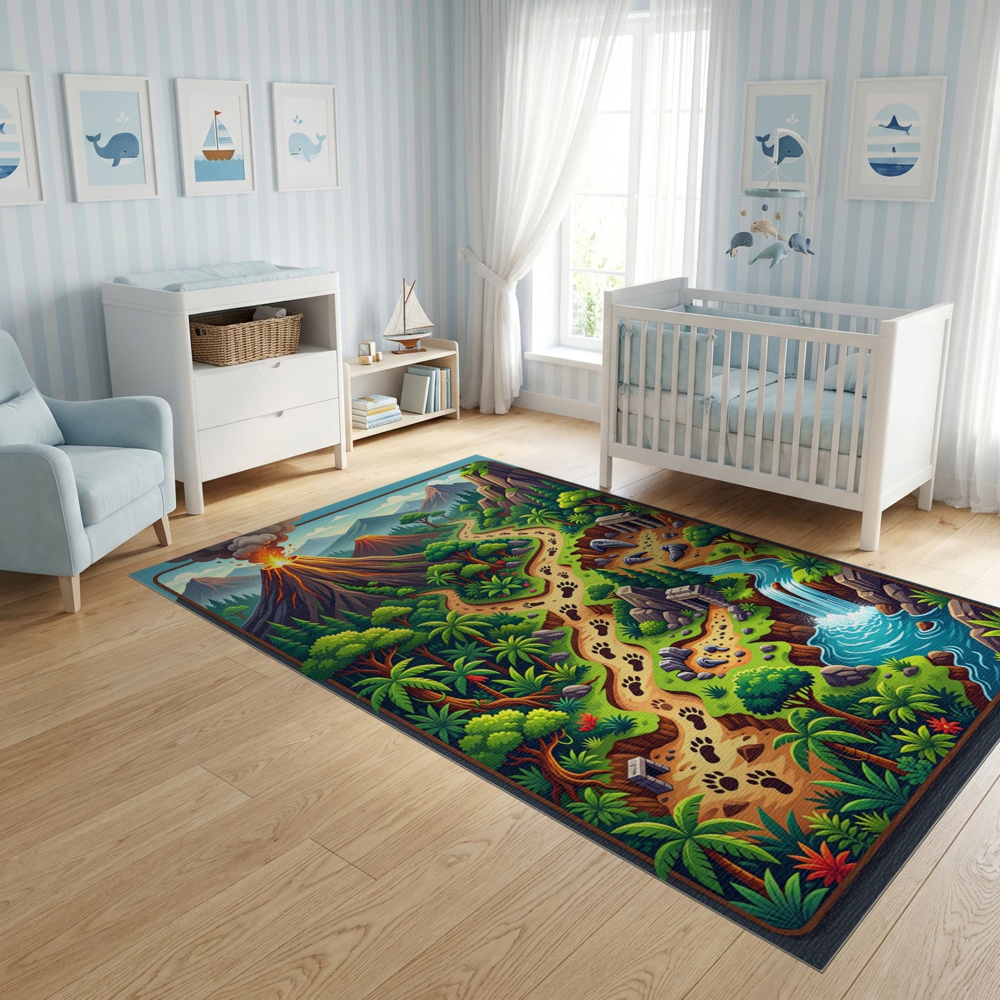 Vibrant Jungle Paw Path Volcano Ruins Rug