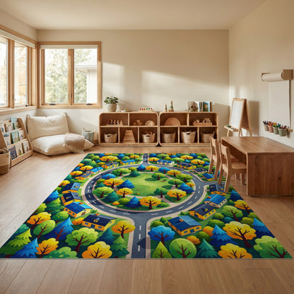 Vibrant Autumn Village Roundabout Trees Rug