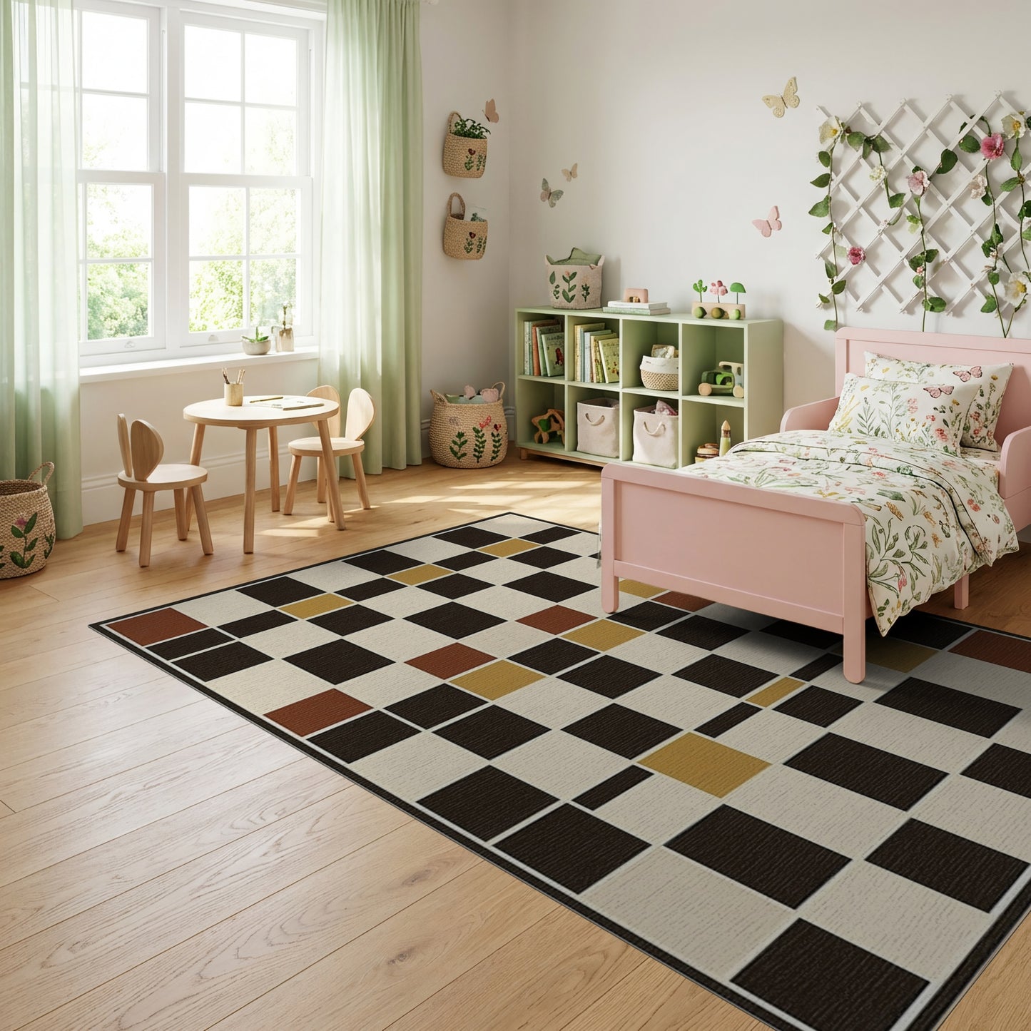 Geometric Rust Gold Black Grid Rug