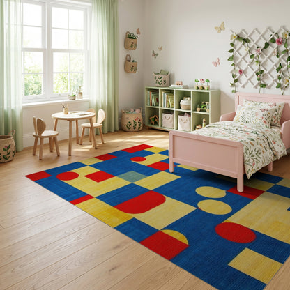 Bold Red Yellow Blue Geometric Shapes Rug