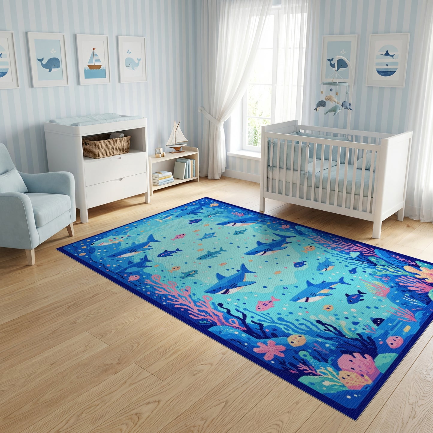 Vibrant Blue Sharks Coral Fish Rug