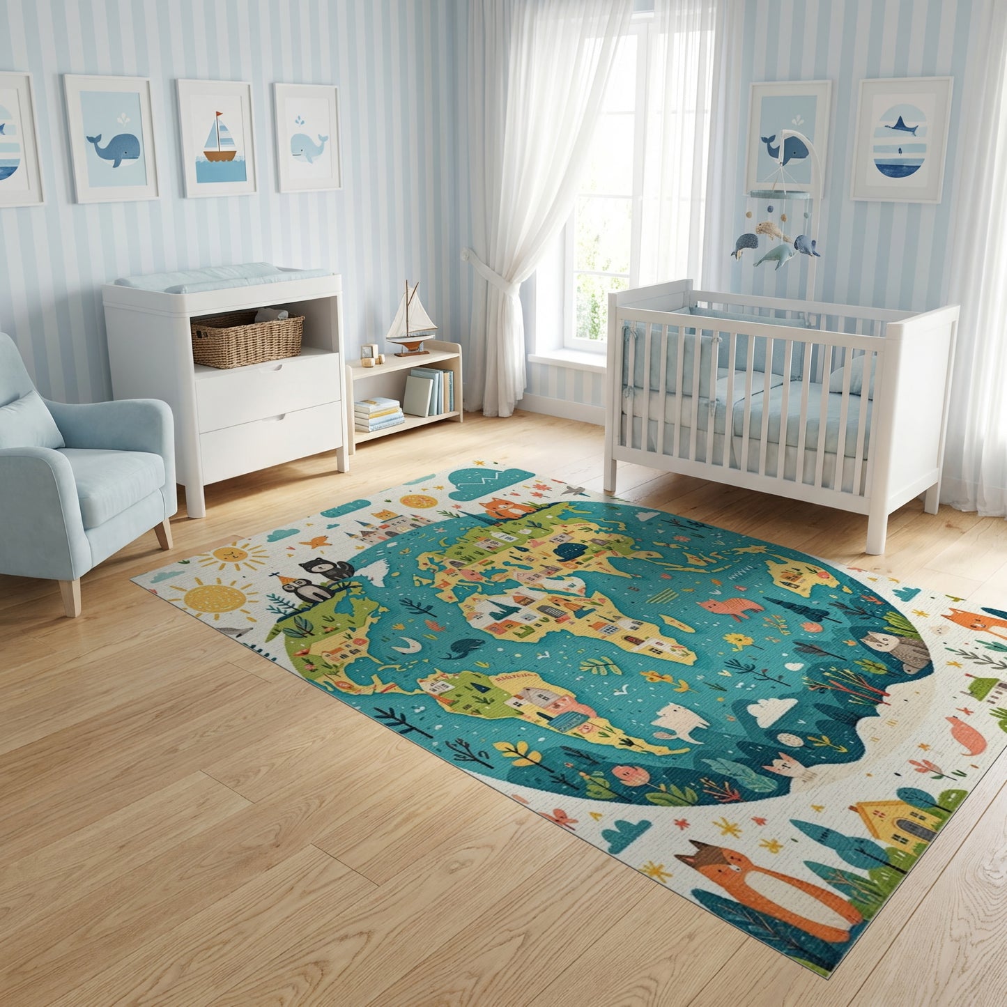 Whimsical Cats World Map Globe Rug