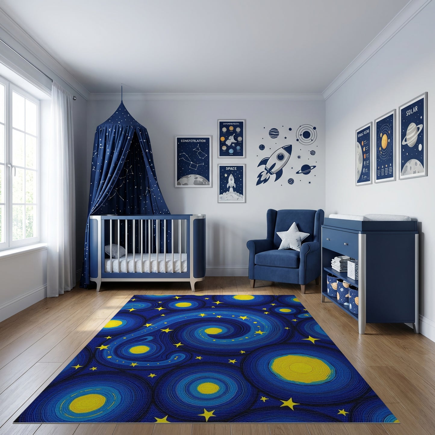 Navy Swirling Stars Yellow Circles Rug