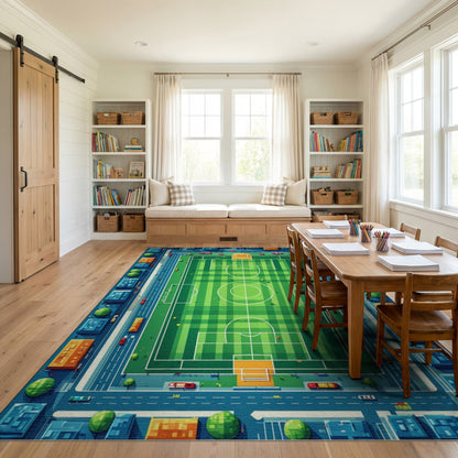 Vibrant Aerial Soccer Field City Rug