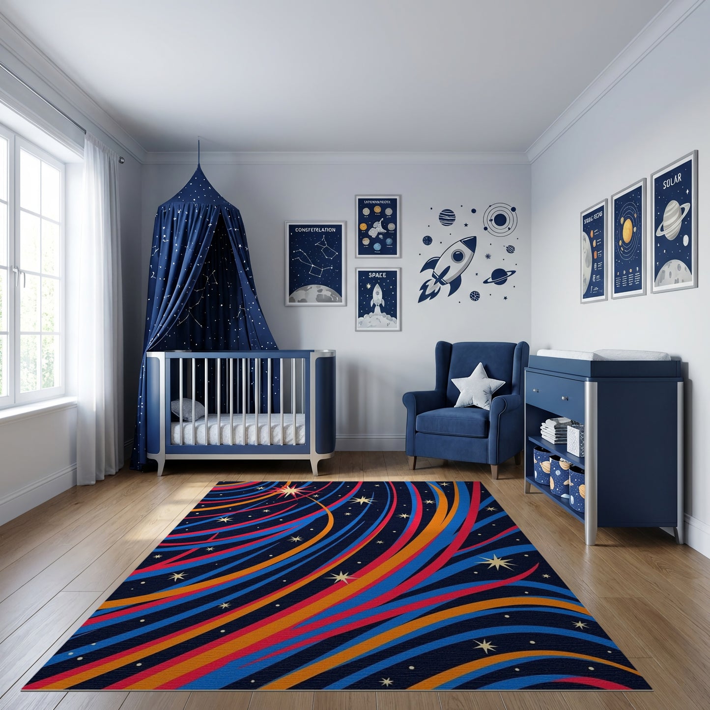 Vibrant Cosmic Swirling Stars Rug