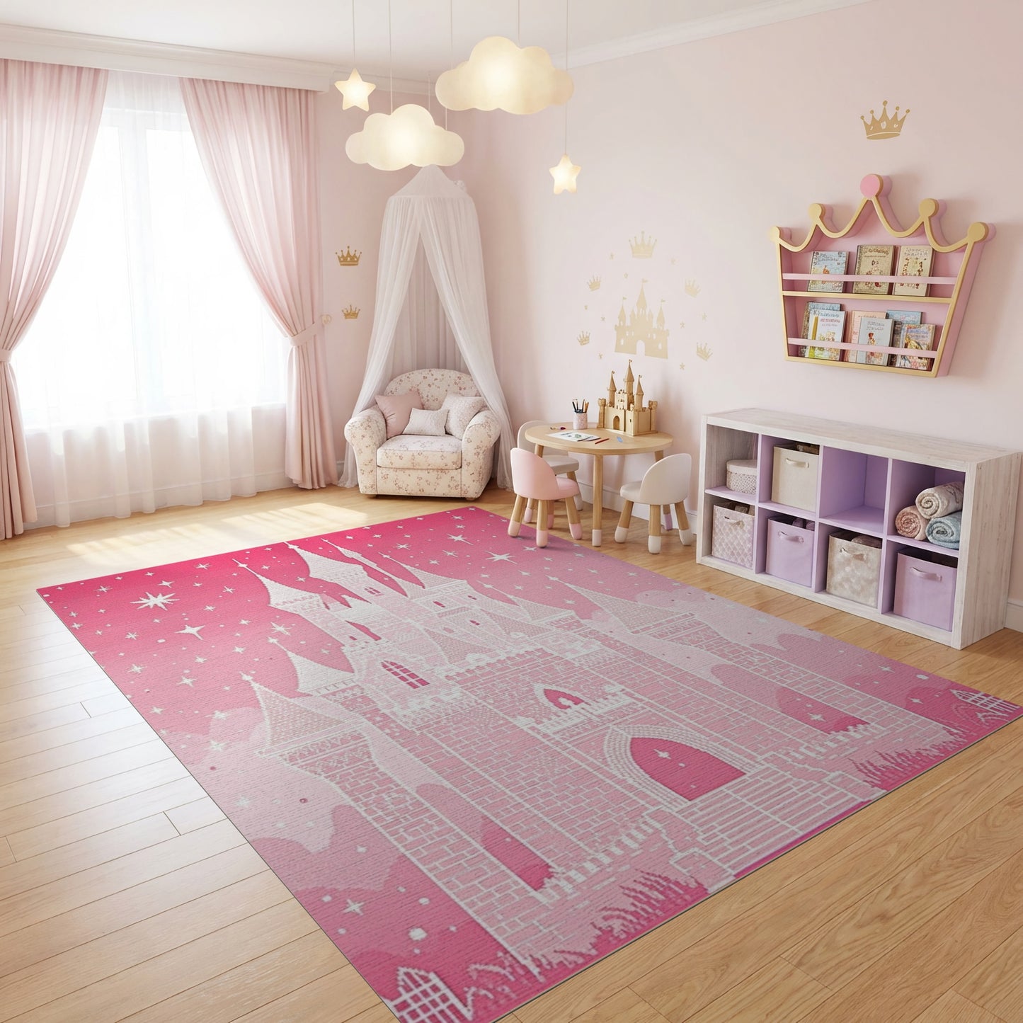 Pink Fairy Castle Stars Sparkles Rug