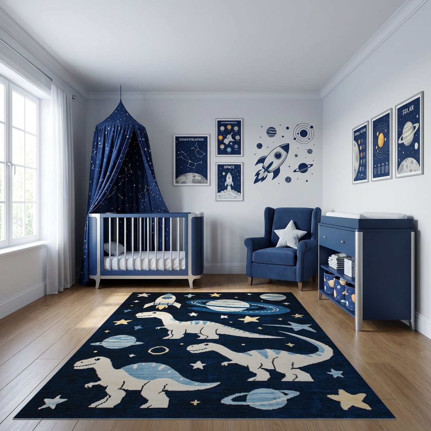 Whimsical Dino Rocket Planet Stars Rug