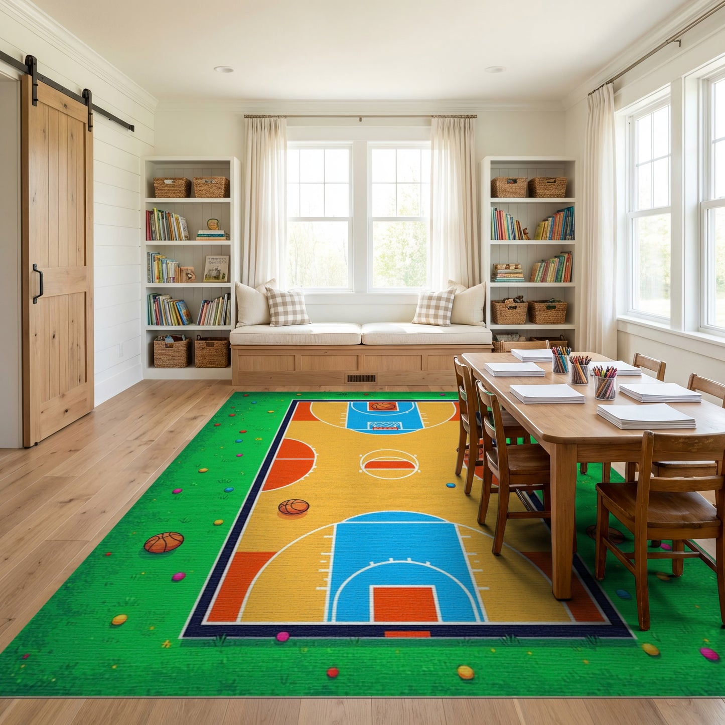 Playful Colorful Basketball Court Grass Rug