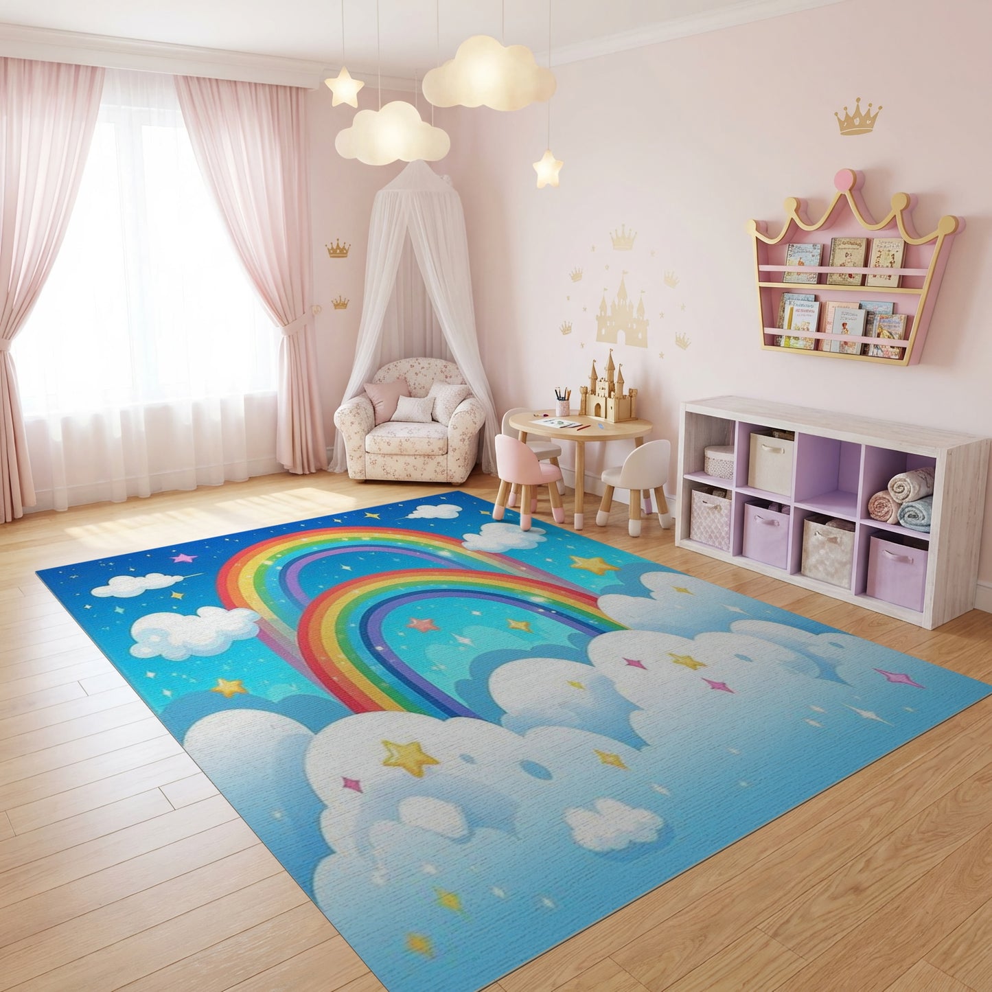 Whimsical Double Rainbow Stars Clouds Rug