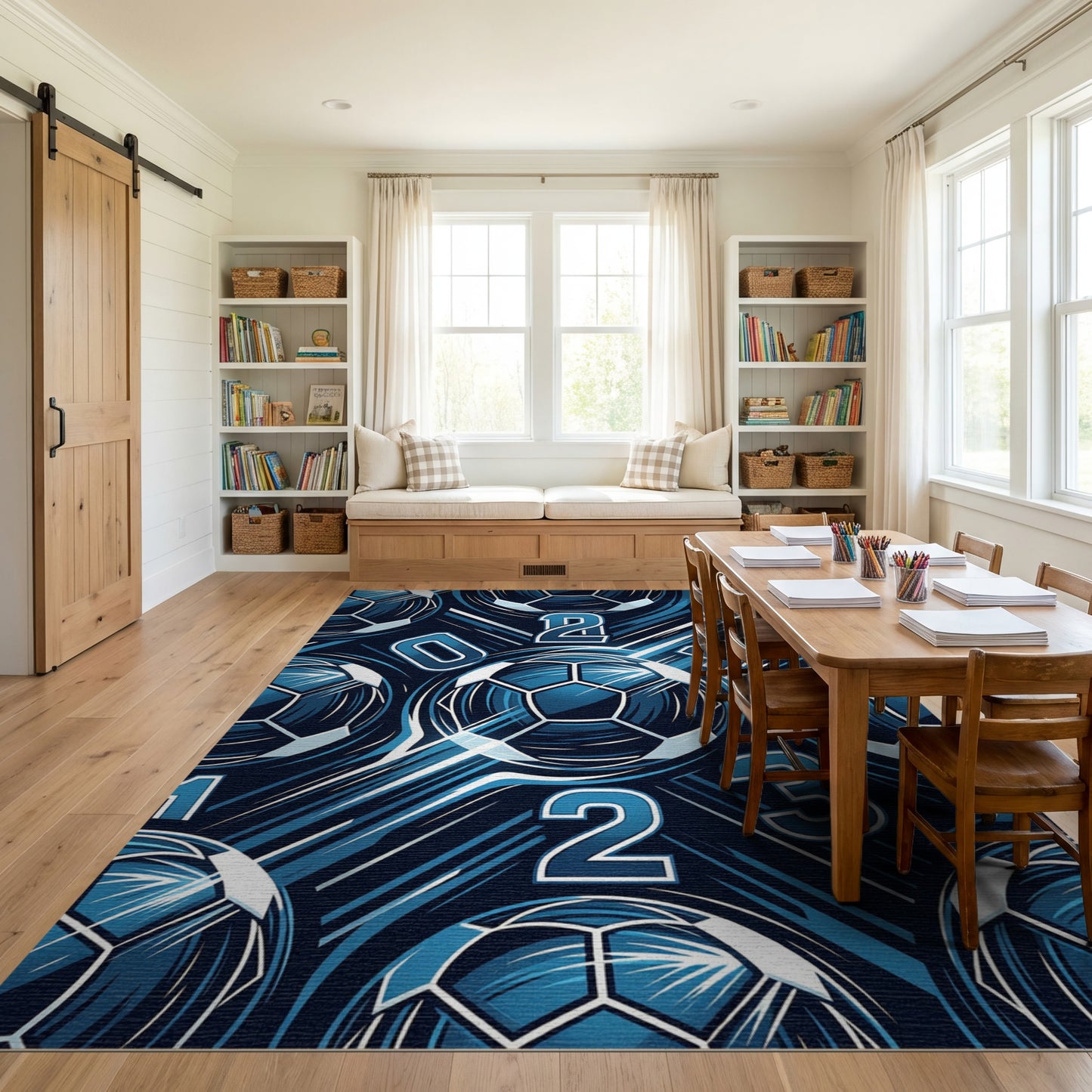 Bold Navy Soccer Balls Numbers Rug