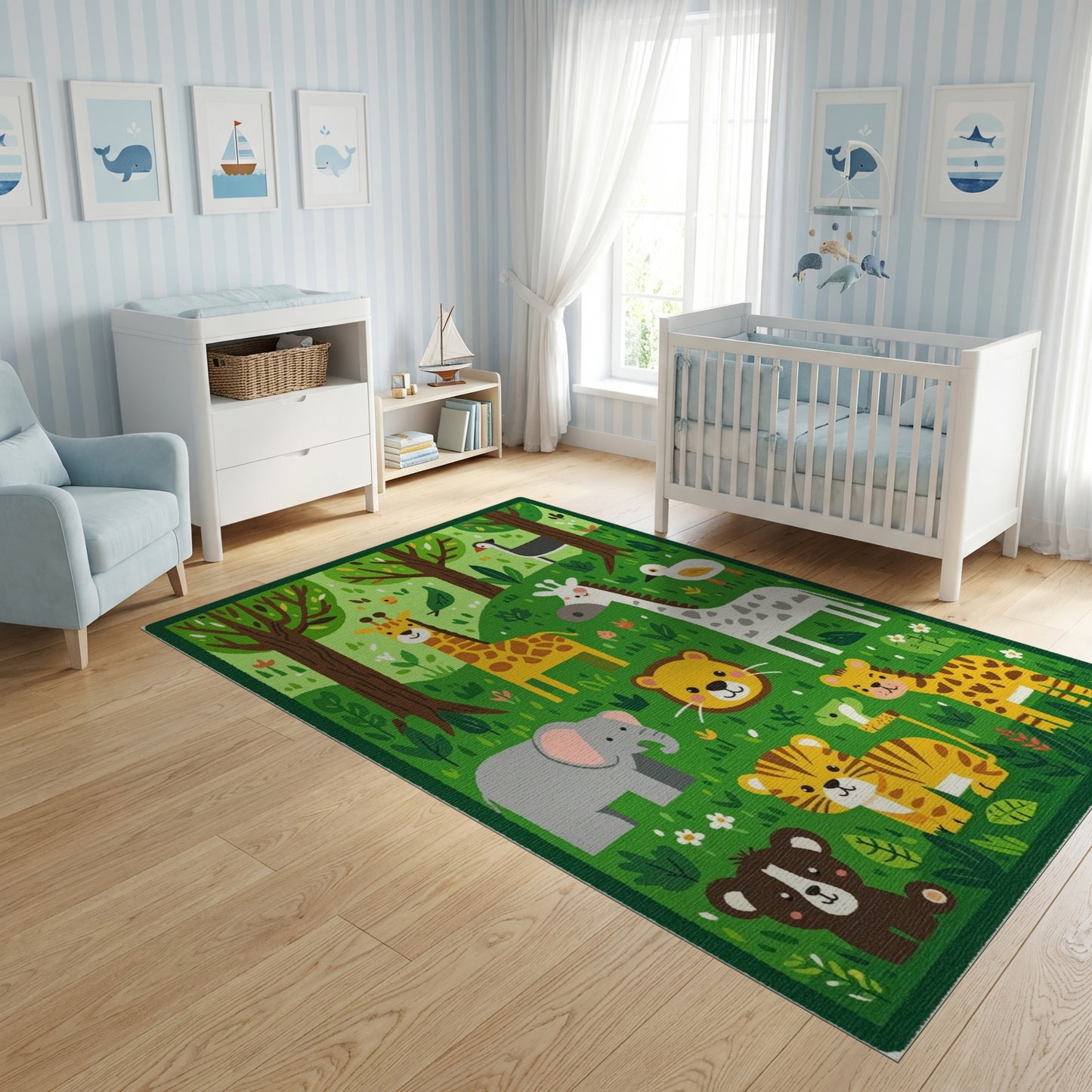 Whimsical Forest Animals Vibrant Green Rug