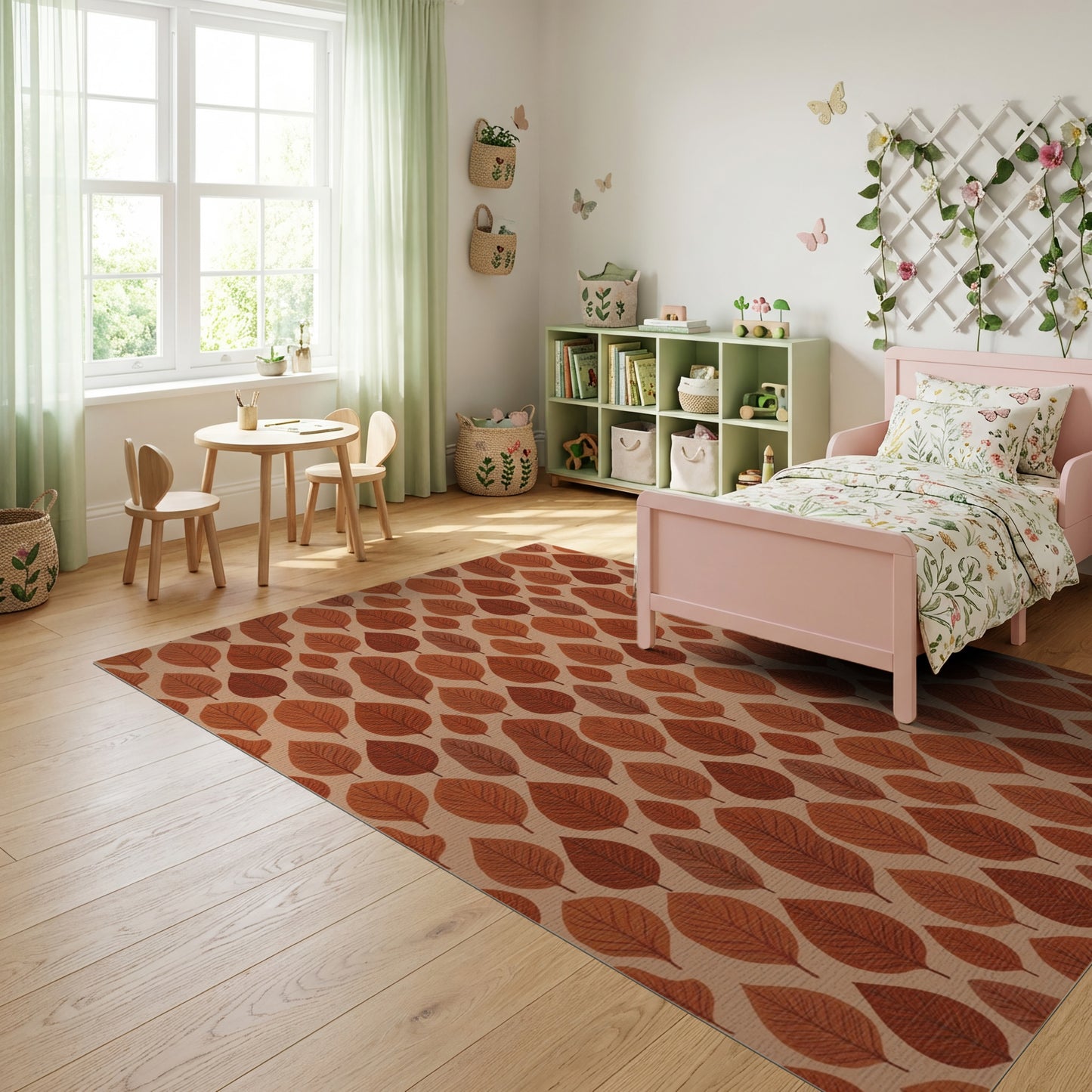 Warm Rust Beige Leaves Pattern Rug