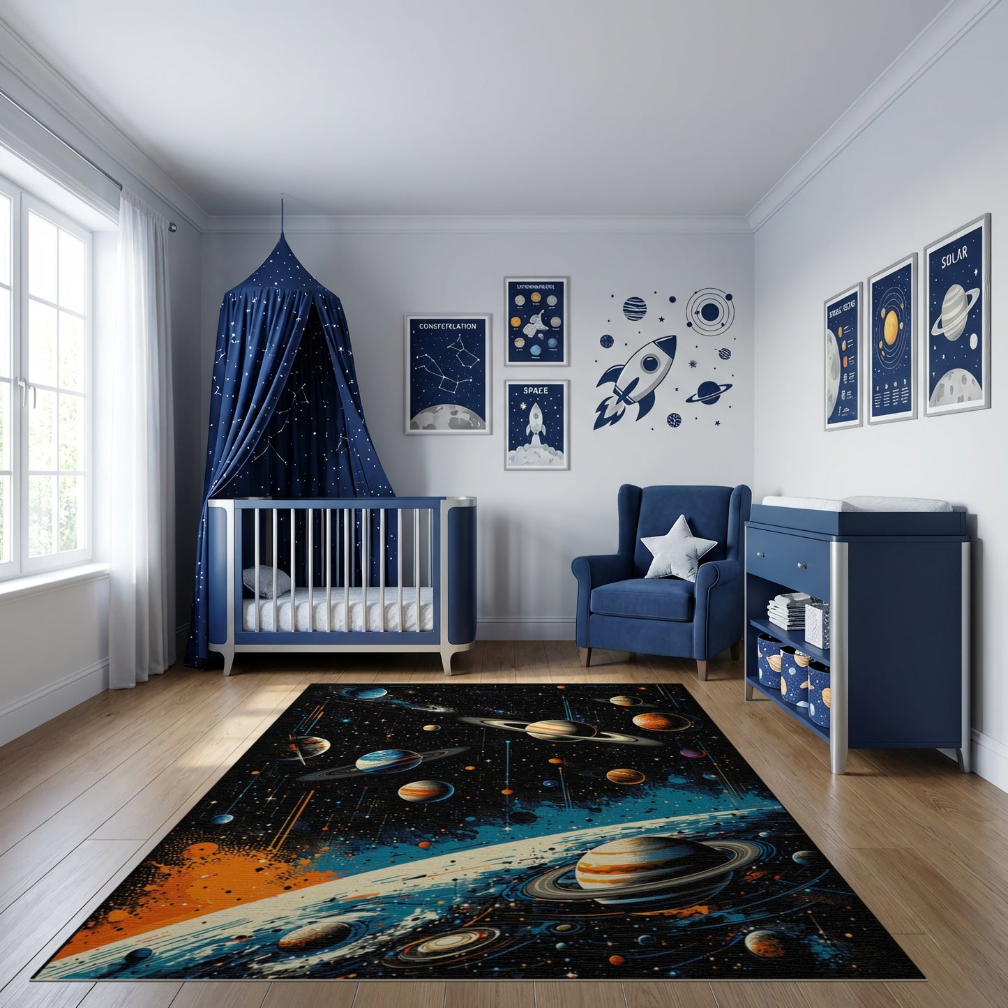 Vibrant Cosmic Ringed Planets Nebula Rug