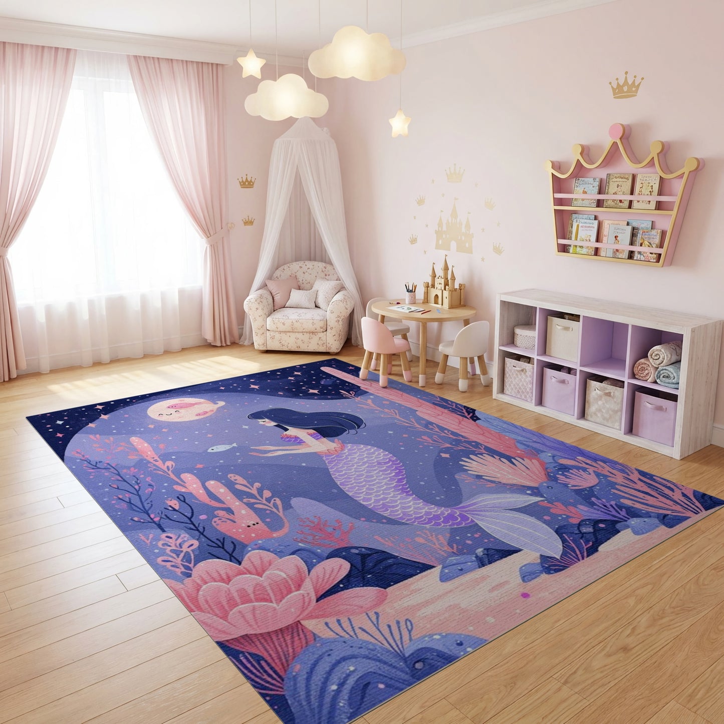 Whimsical Purple Mermaid Coral Stars Rug