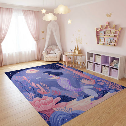 Whimsical Purple Mermaid Coral Stars Rug