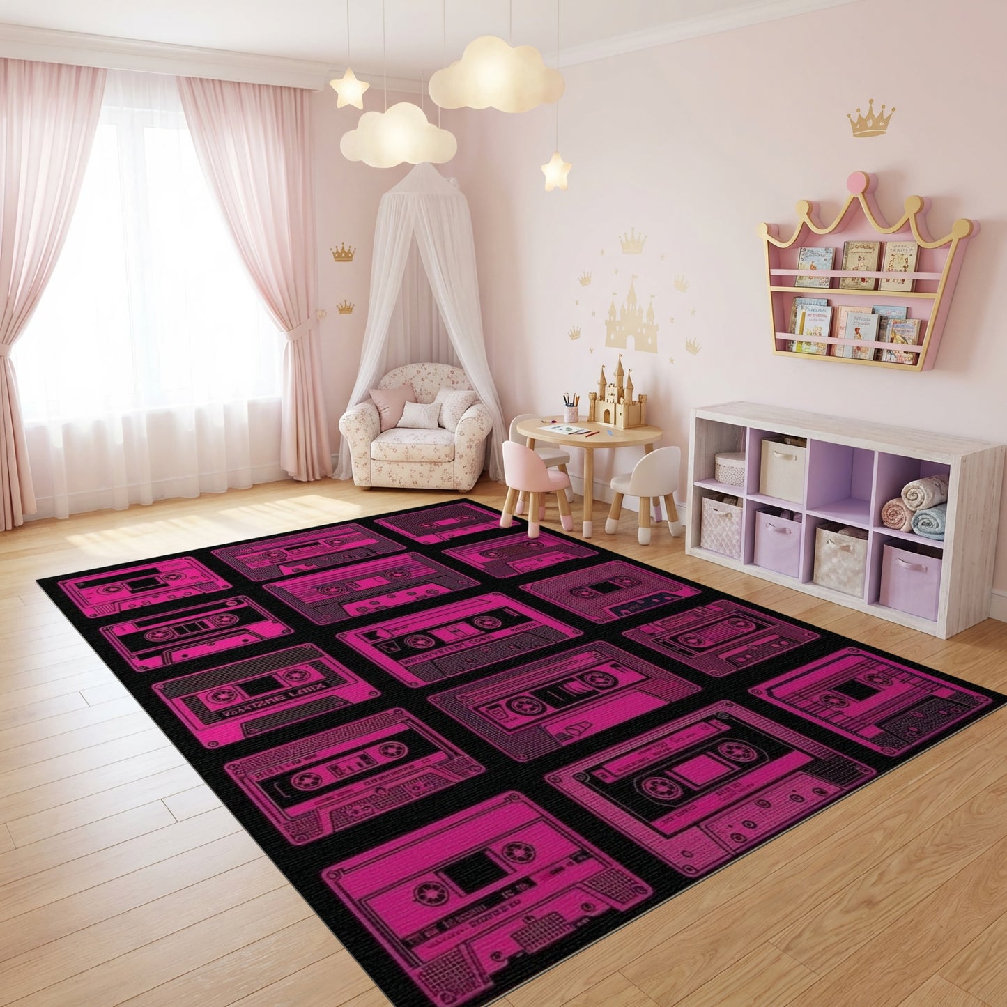 Retro Neon Pink Cassette Tapes Rug