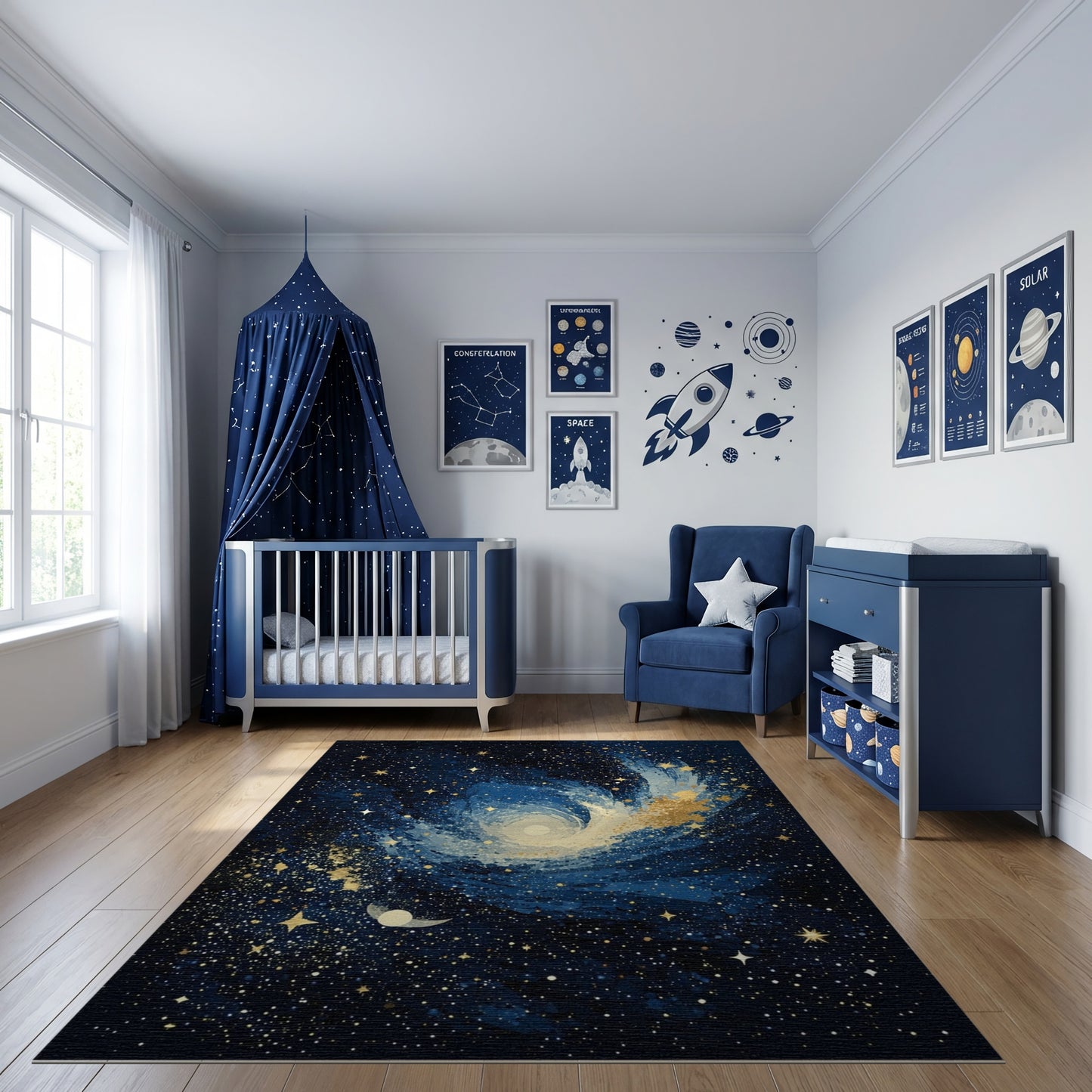 Navy Galaxy Swirl Stars Moon Rug
