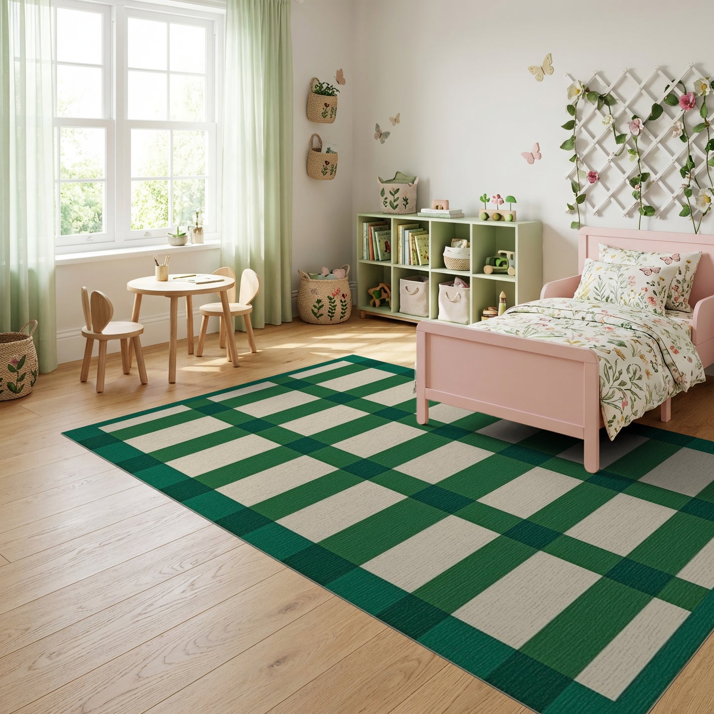 Bold Green White Plaid Check Rug
