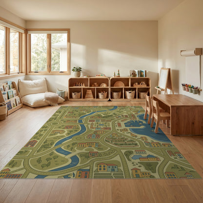 Whimsical Riverside Harbor Town Rug