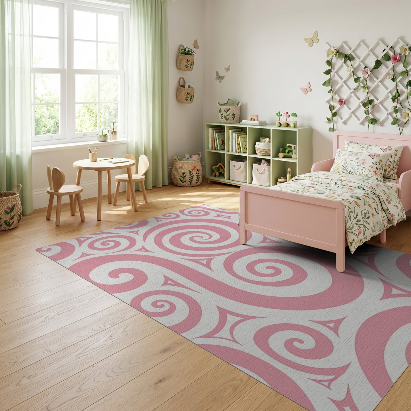 Pink and White Swirling Spiral Rug