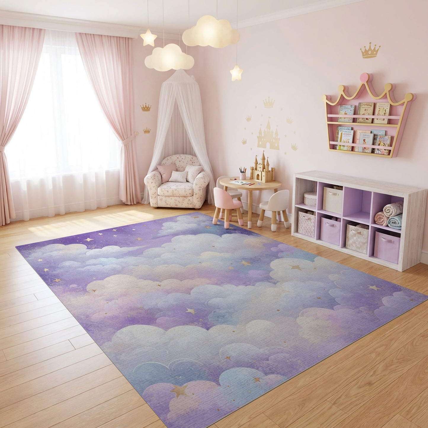 Dreamy Purple Clouds Golden Stars Rug