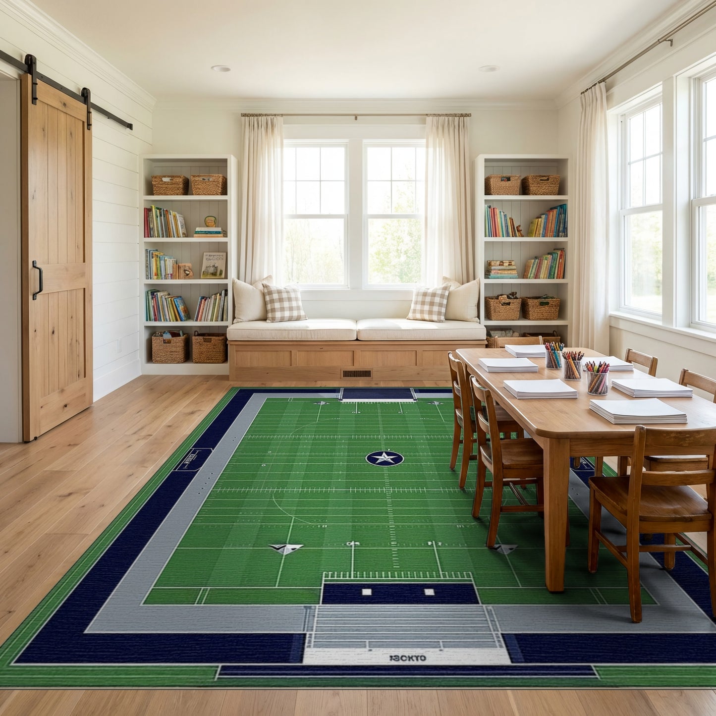 Green Navy Star Football Field Rug