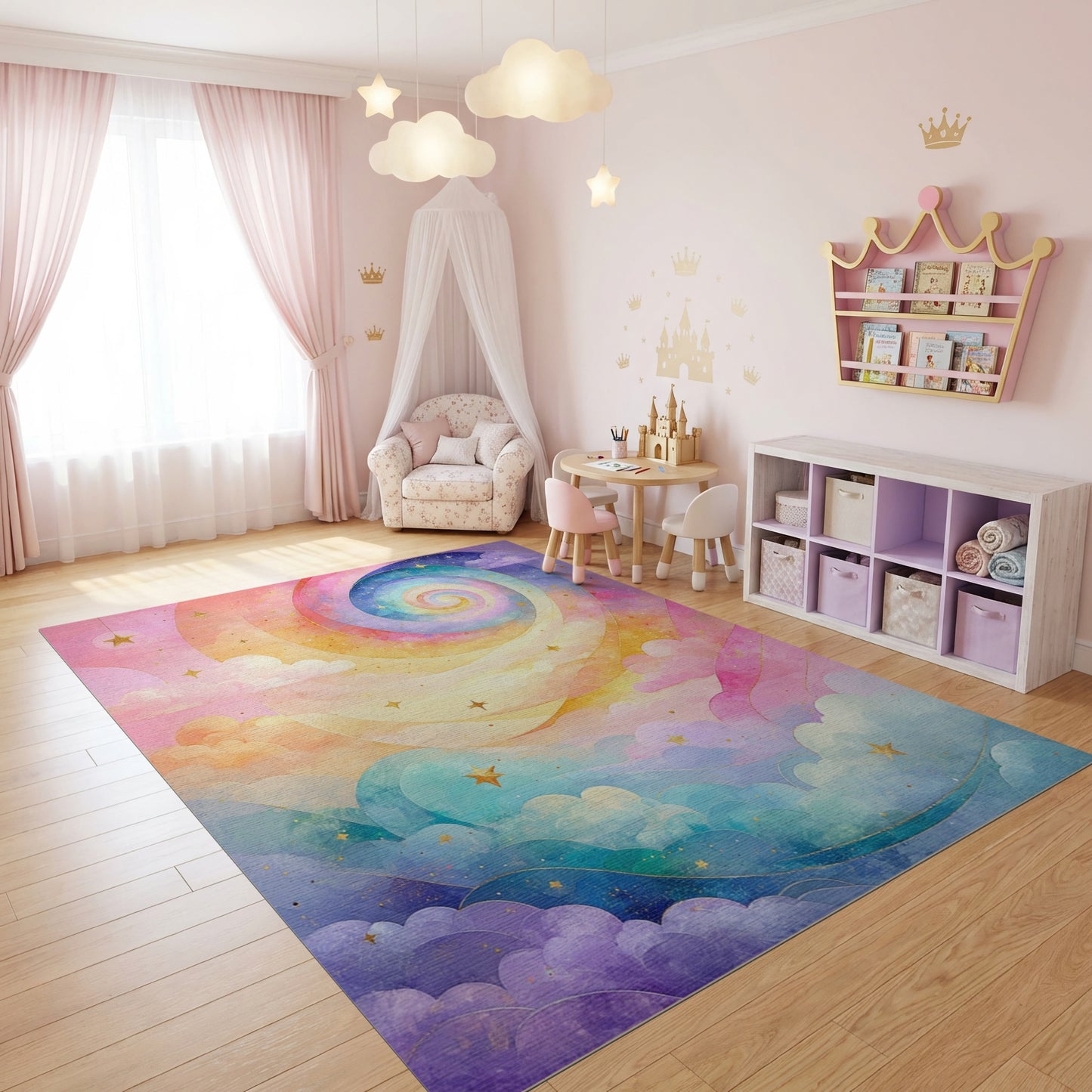 Dreamy Rainbow Spiral Stars Clouds Rug