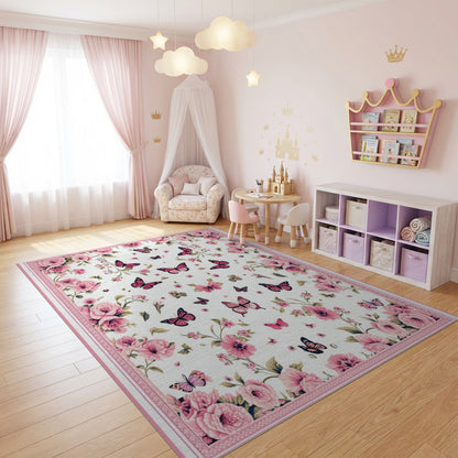 Romantic Pink Roses Butterflies Rug