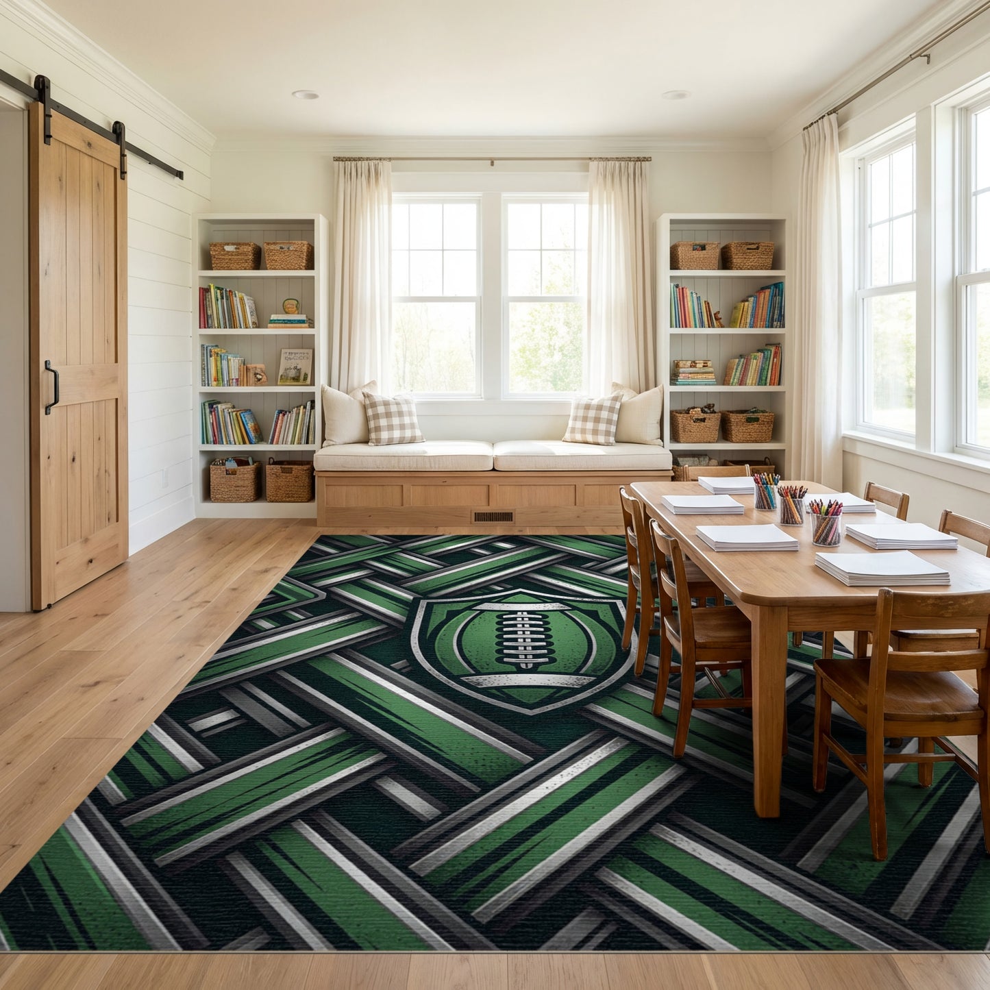 Green Silver Woven Football Shield Rug