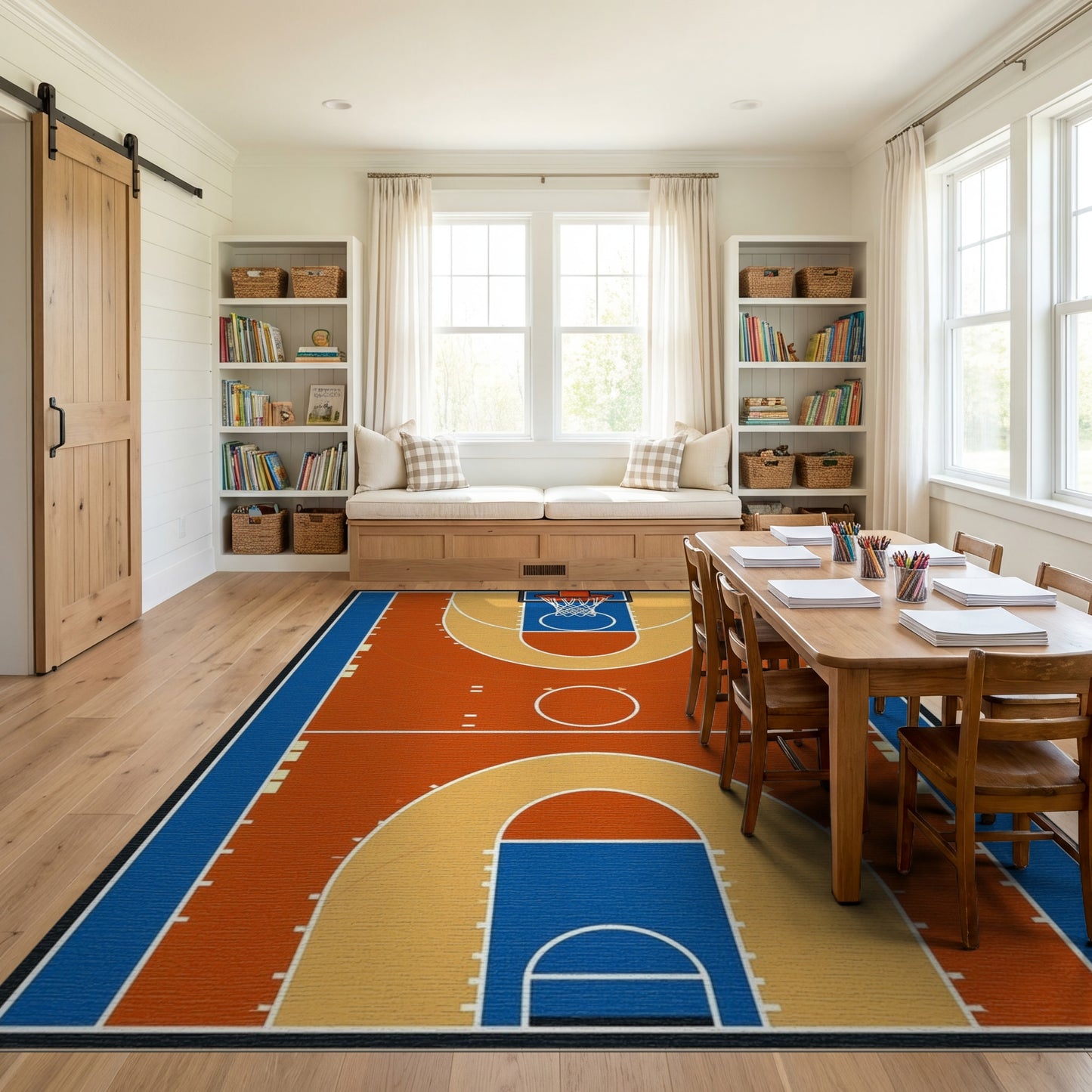 Blue and Orange Basketball Court Rug