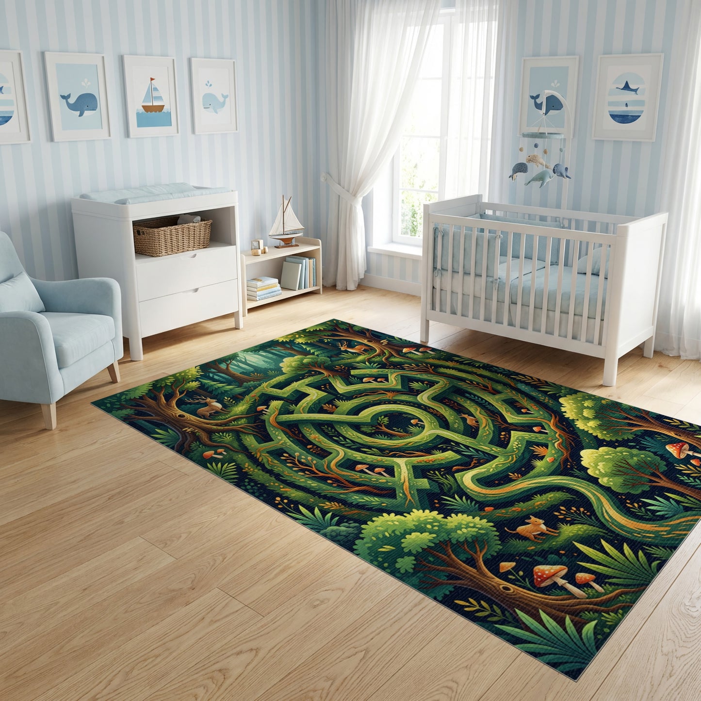 Enchanted Green Forest Maze Deer Rug