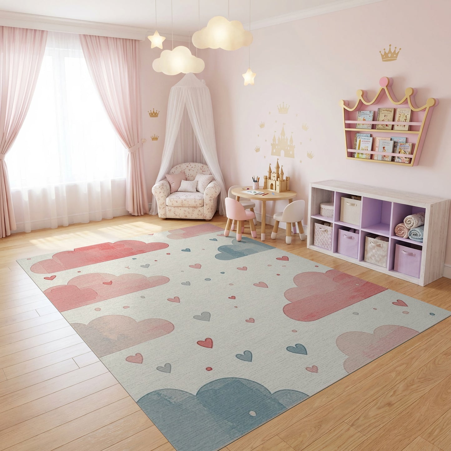 Pink and Blue Whimsical Clouds Hearts Rug