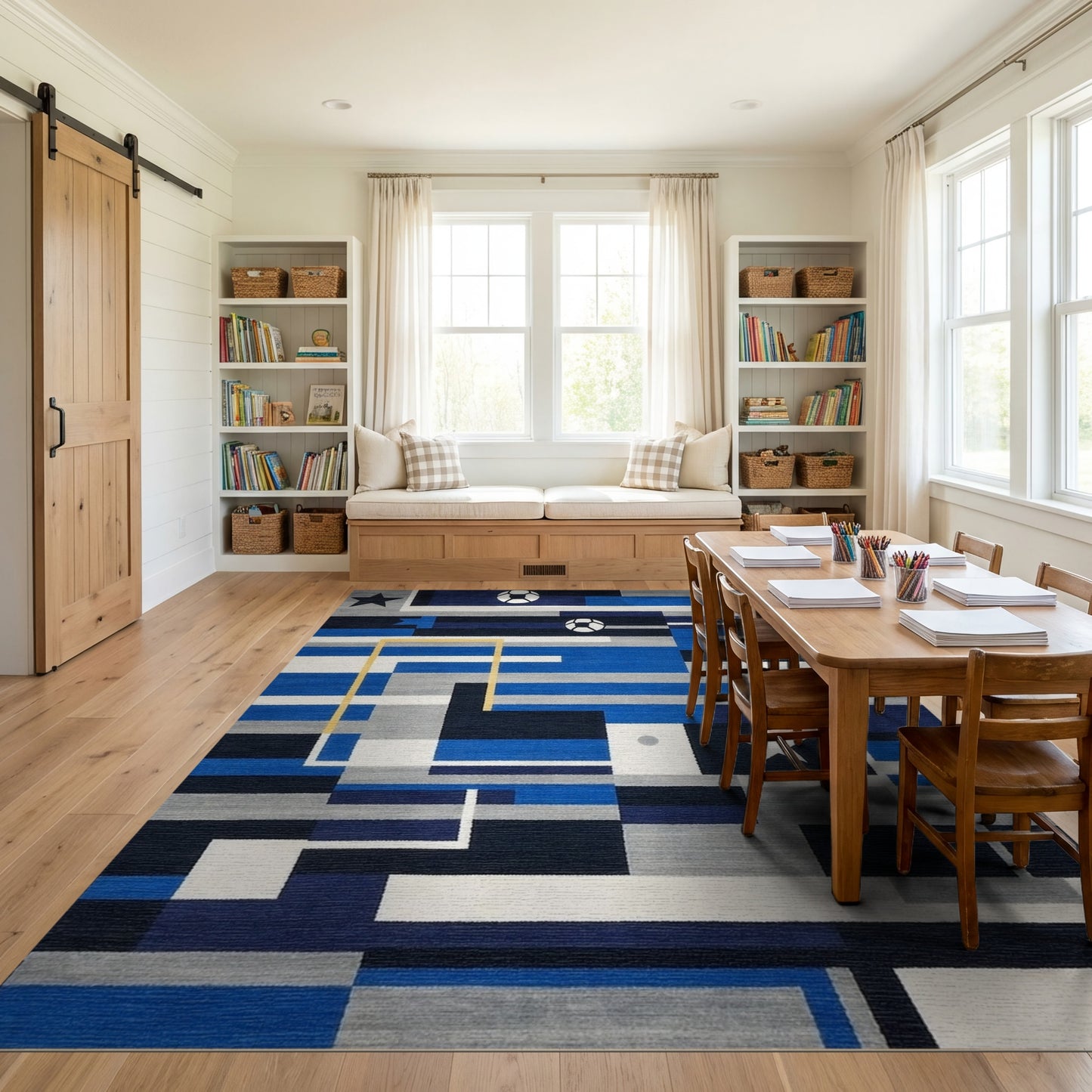 Navy Soccer Ball Star Geometric Rug