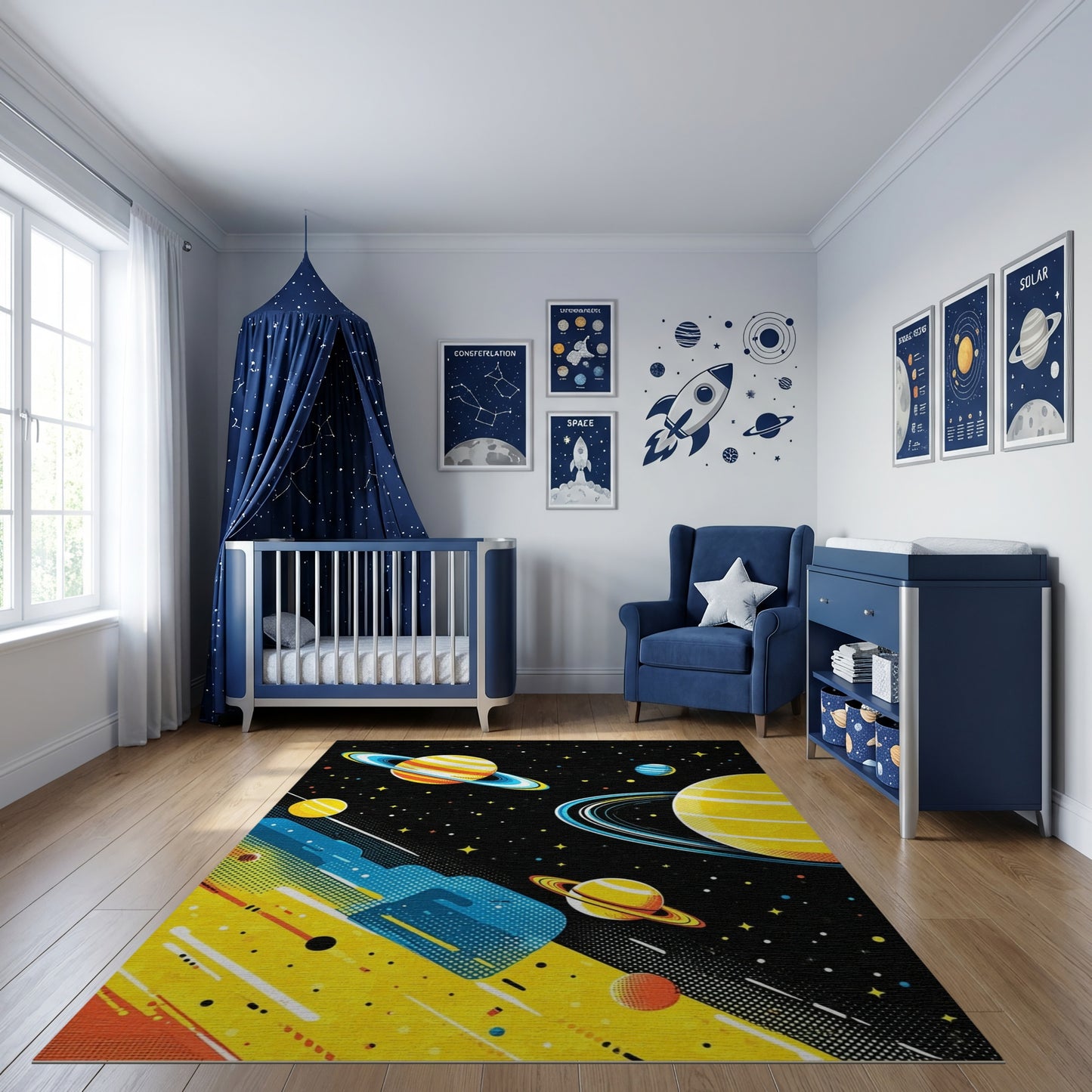 Vibrant Yellow Ringed Planets Stars Rug