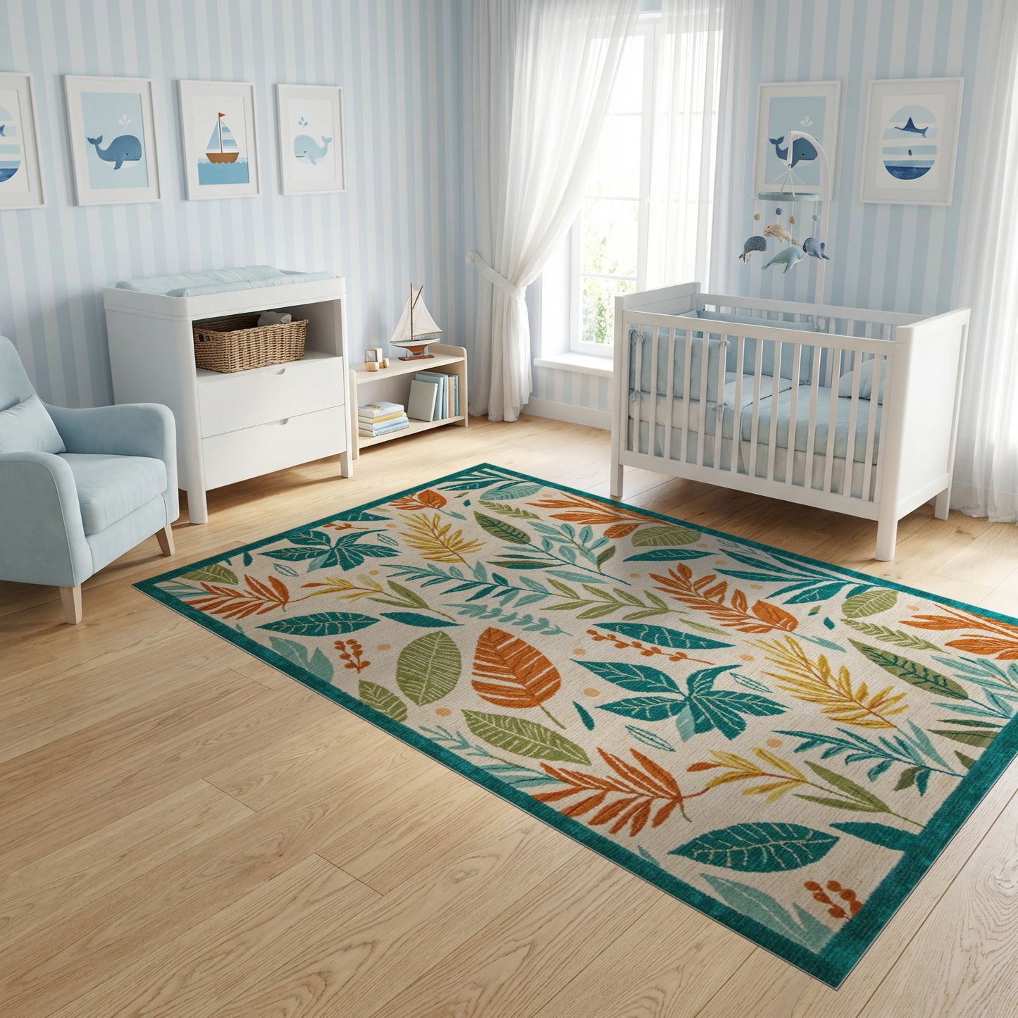 Vibrant Teal and Orange Leaf Rug